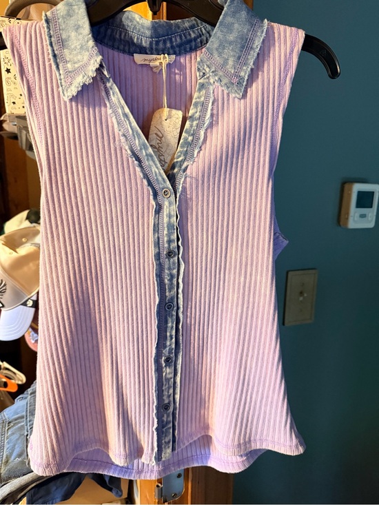 Mystree Tops - Mystree Lavender Ribbed Tank with Washed Chambray Trim